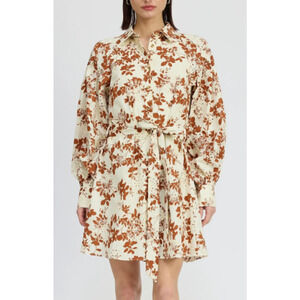 NEW En Saison Brown Floral Shirt Dress Large Cotton Embroidered Lace Collared